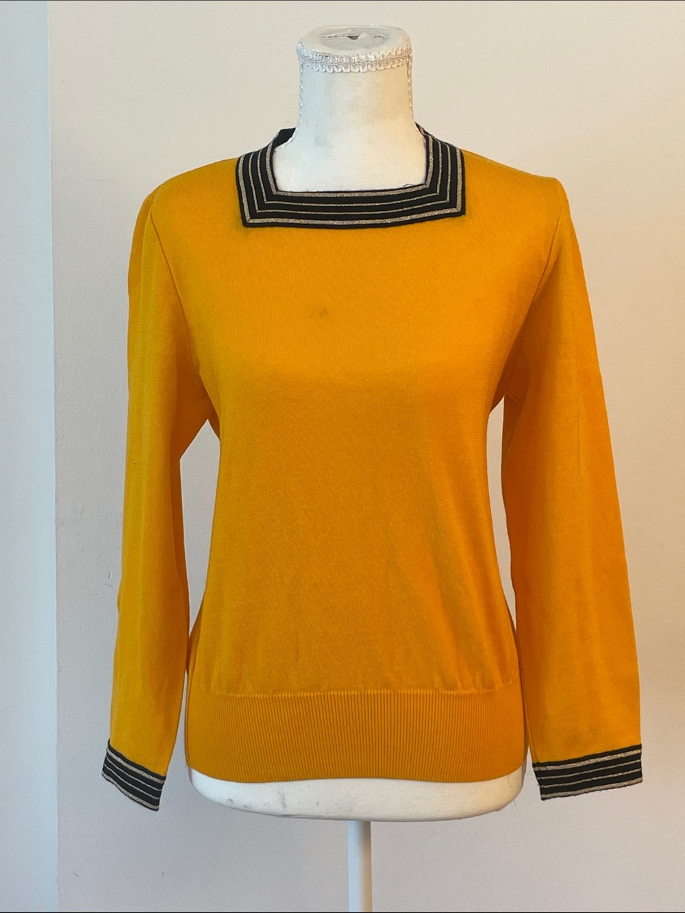 Vintage Yves Saint Laurent Mustard Yellow Sweater Square Neck Knit Top Black Tri - Picture 2 of 10